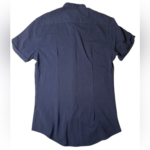 Zara Men Navy Blue Slim Fit Short Sleeve Mandarin Collar Button-Up Shirt medium - Picture 3 of 3